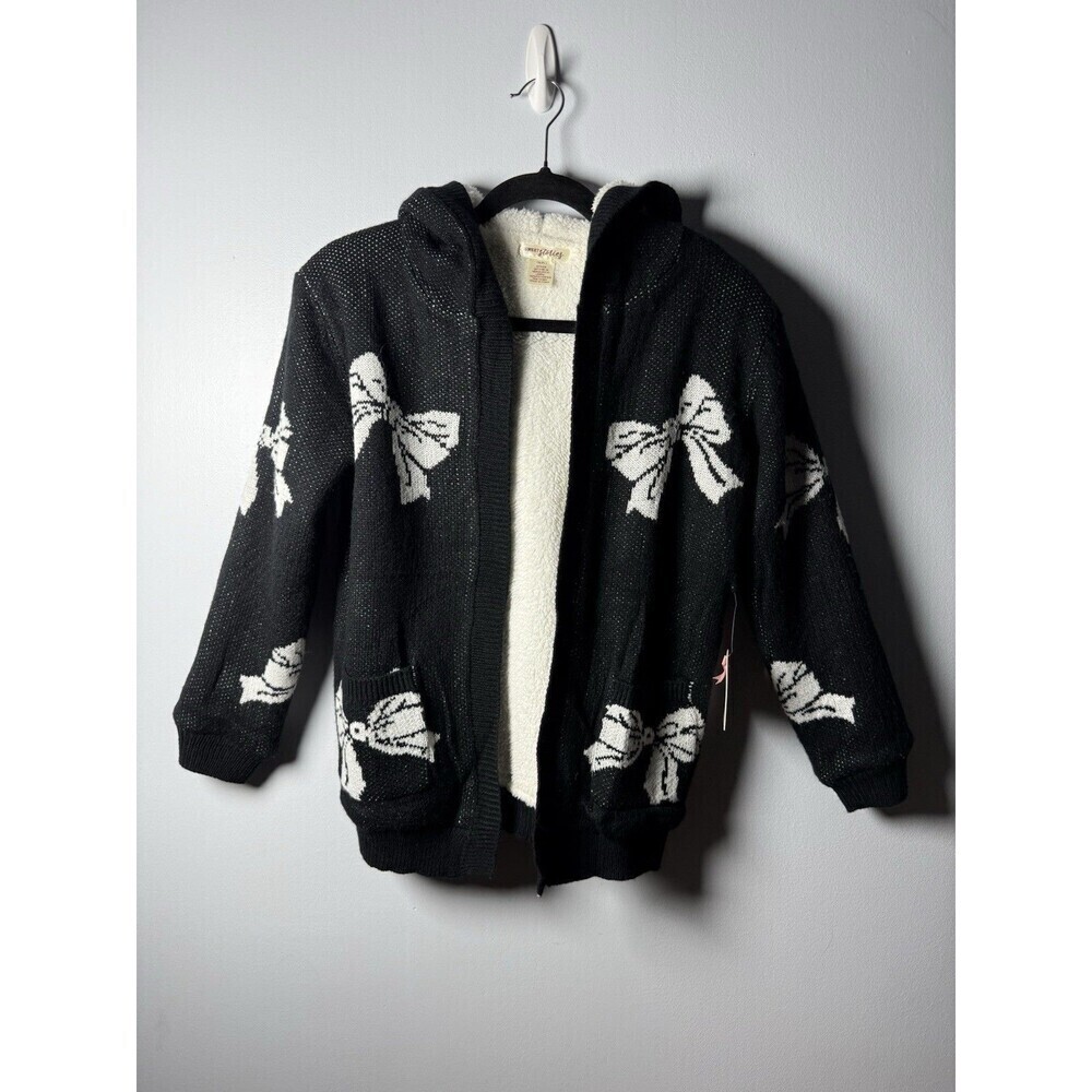 Sweet Stories Sherpa Open Front Hooded Black/White Bows Girls Sweater XL NWT